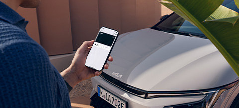 Mann steht mit Smartphone vor einem grauen Kia EV6