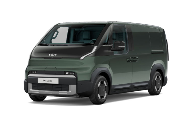 Volledig zijaanzicht van de grijze Kia PV5 Cargo