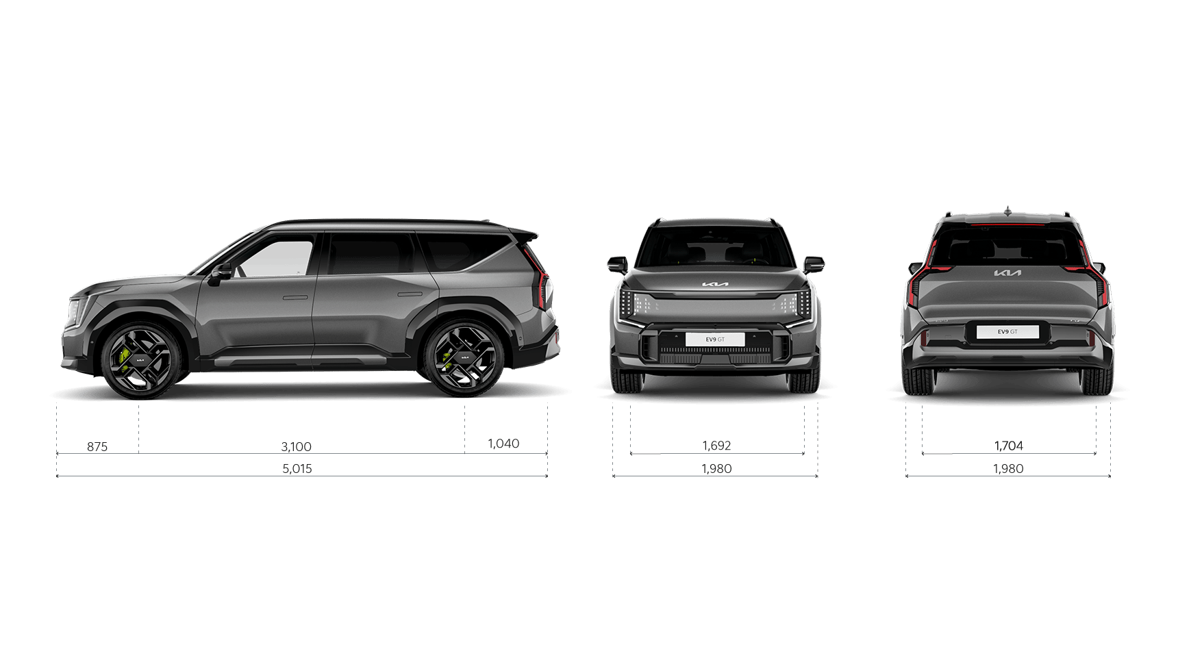 Kia EV9 GT Seiten- Front- und Heckansicht