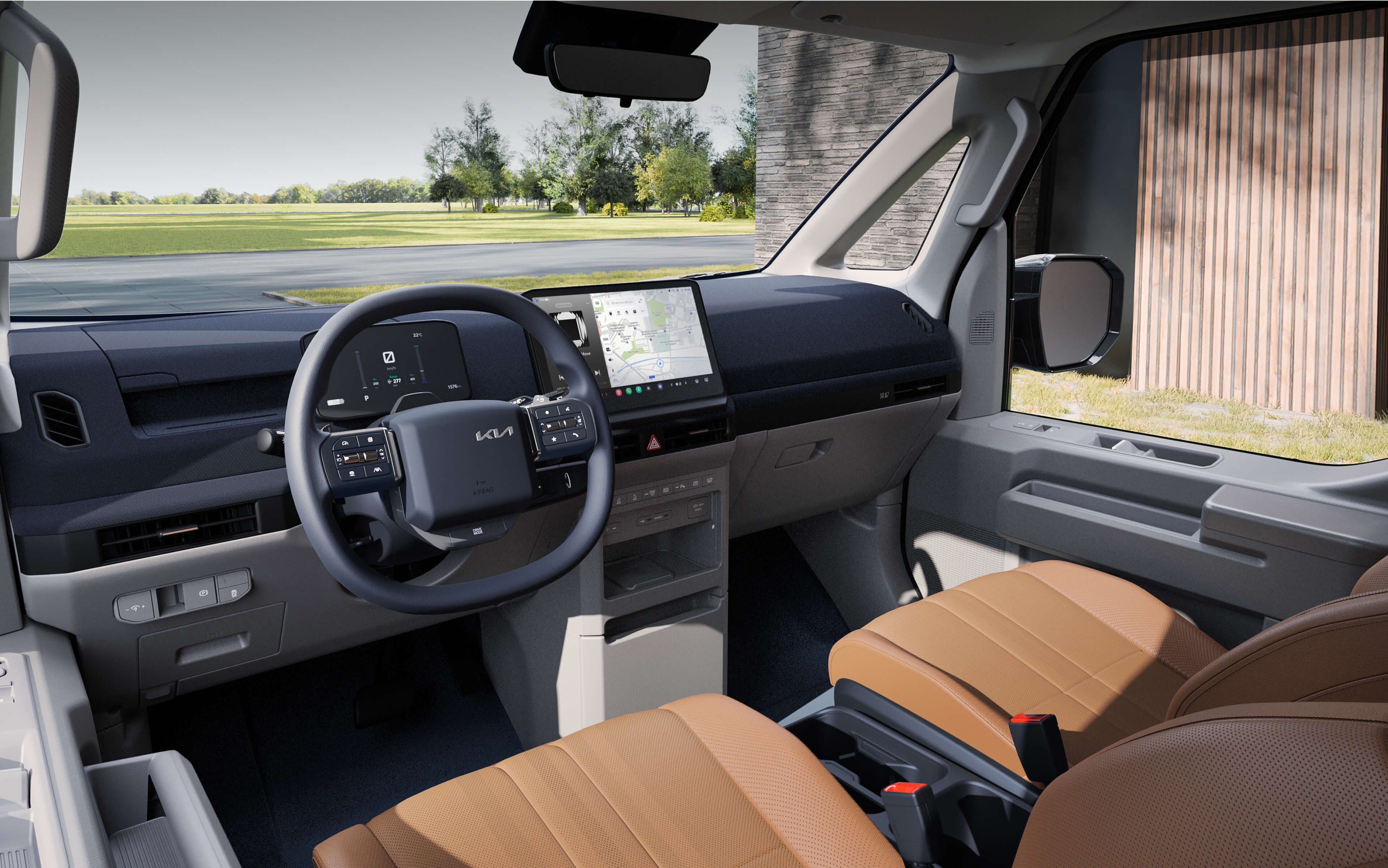 Intérieur côté conducteur du Kia PV5 Passenger, montrant les ports de recharge rapide USB-C et les sièges climatisés avec options de chauffage et de refroidissement.