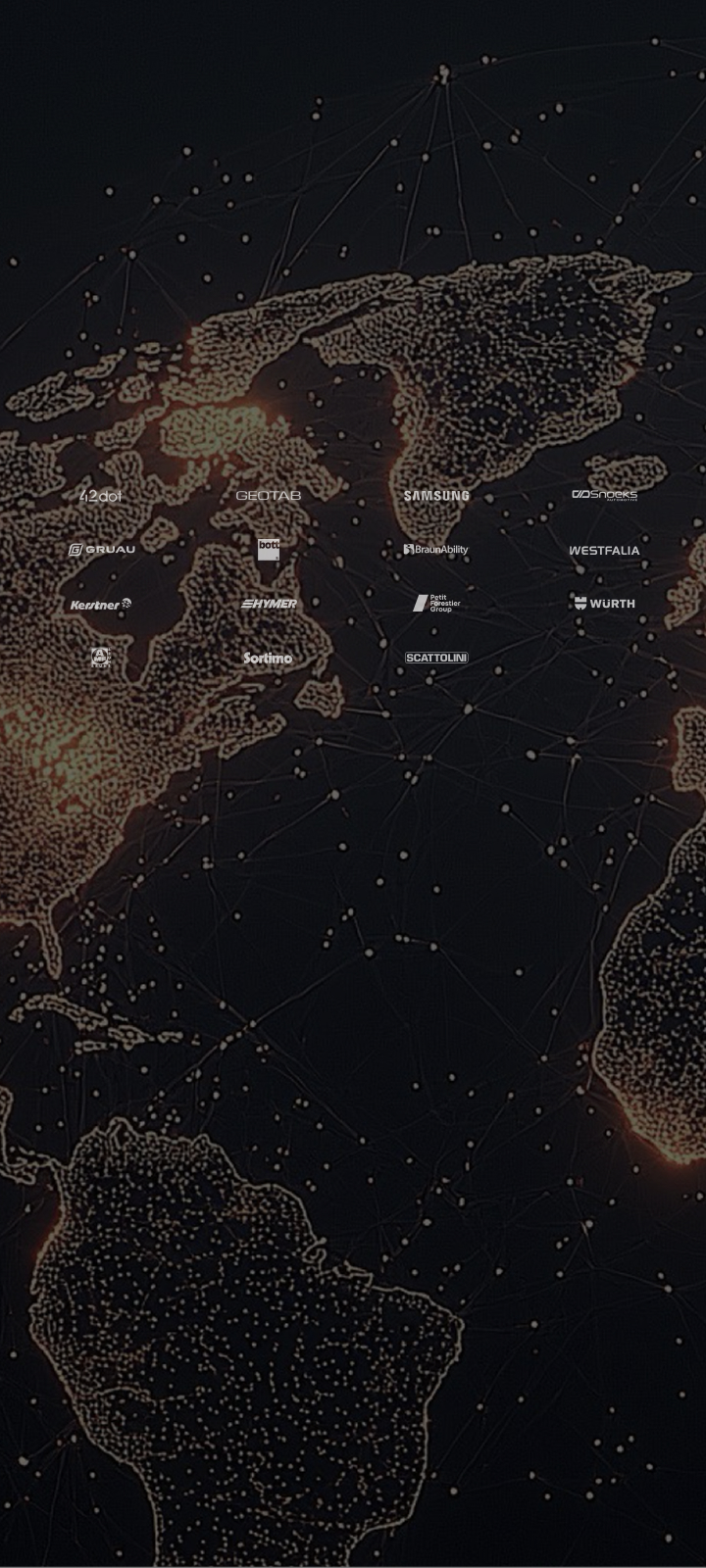 World map with glowing orange dots and partner logos