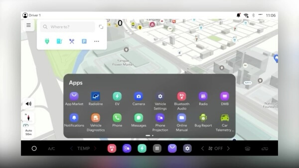 Car infotainment screen displaying a navigation map with an app menu overlay