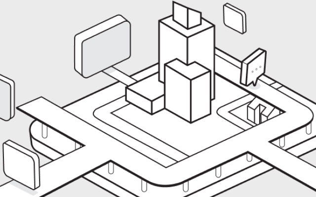 Illustration panels showing app development concepts with abstract 3D blocks