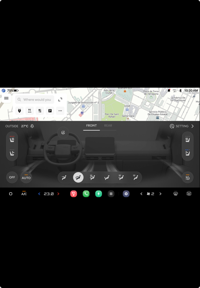 Car infotainment screen with climate control, airflow direction, and temperature settings