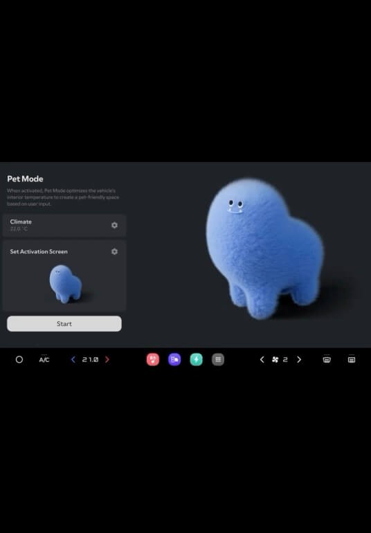 Pet Mode screen with a blue furry character illustration and climate control options