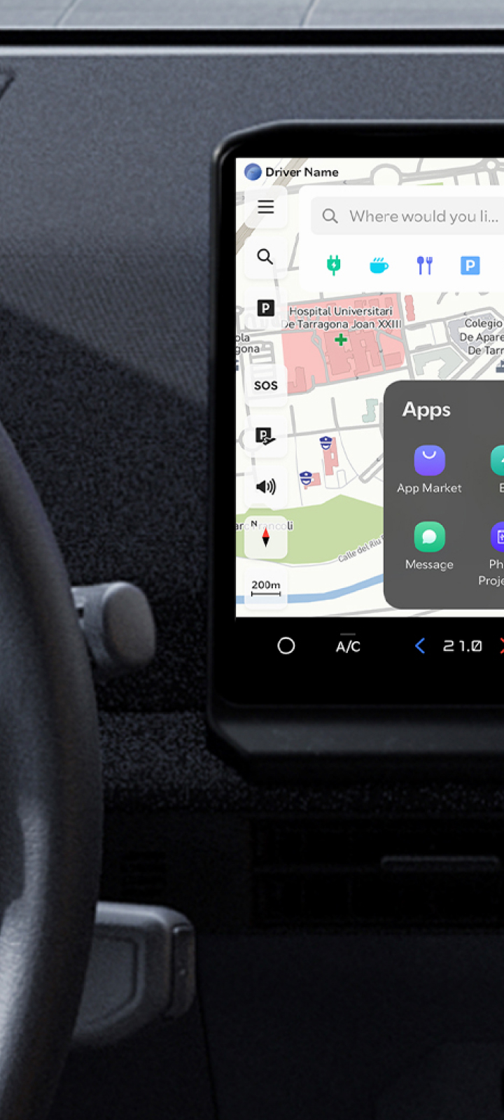 Car dashboard with a central infotainment display showing a map and app menu
